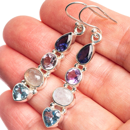 Sterling silver gemstone drop earrings with blue, purple, white and light-blue teardrops