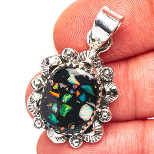 Exclusive Southwestern Style Mosaic Opal Pendant 1 1/4" (.925 Sterling Silver)
