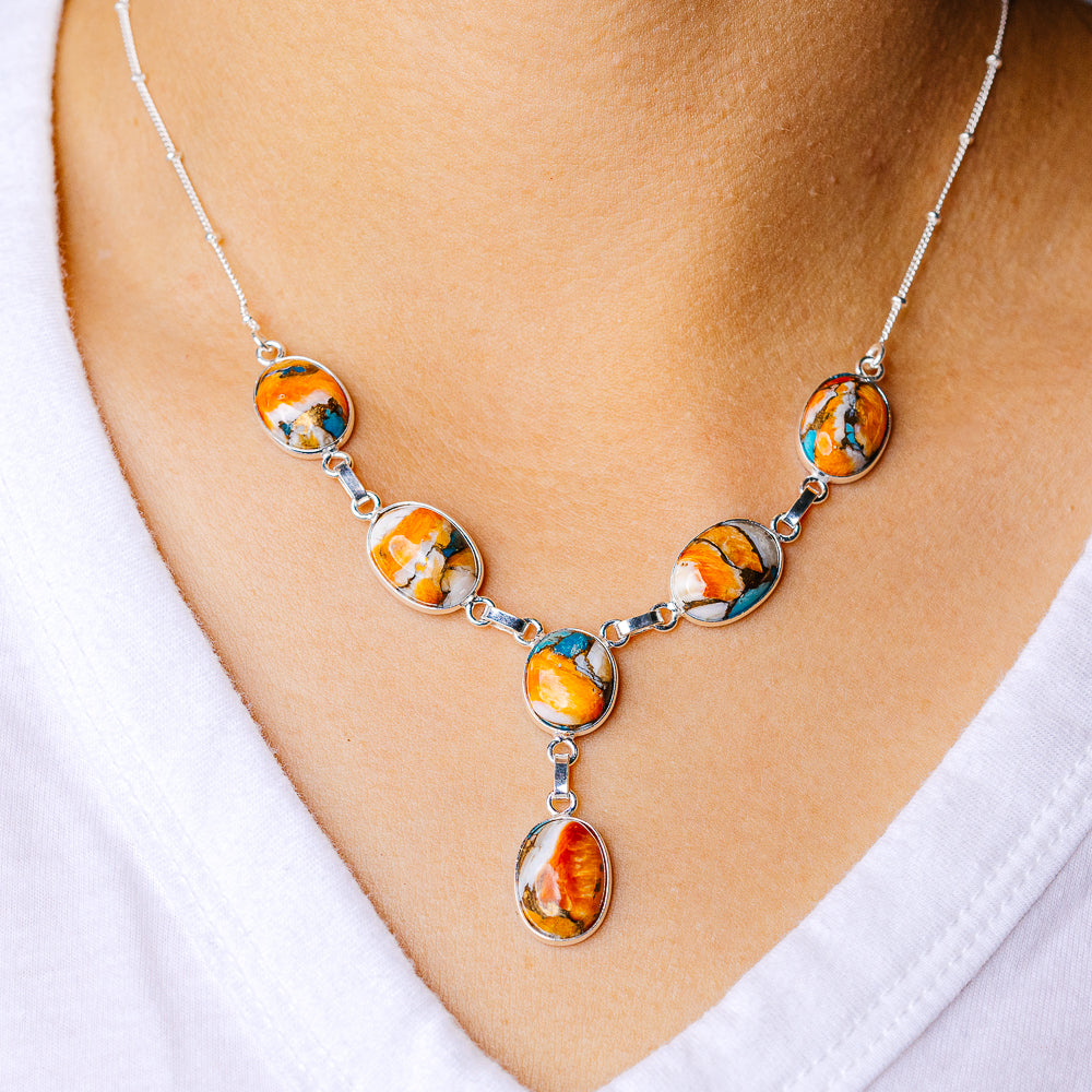 Spiny oyster turquoise pendant necklace in 925 sterling silver, oval linked stones