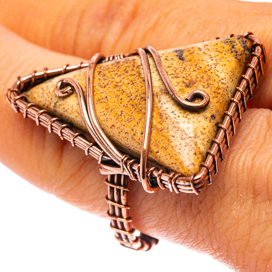 Oxidized copper picture jasper ring, oval speckled stone in wire wrap, size 8.25