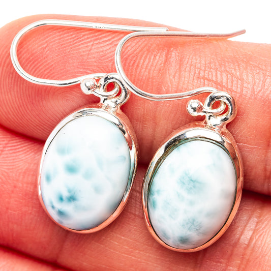 Larimar oval drop earrings in .925 sterling silver with fishhook and blue stone, close-up