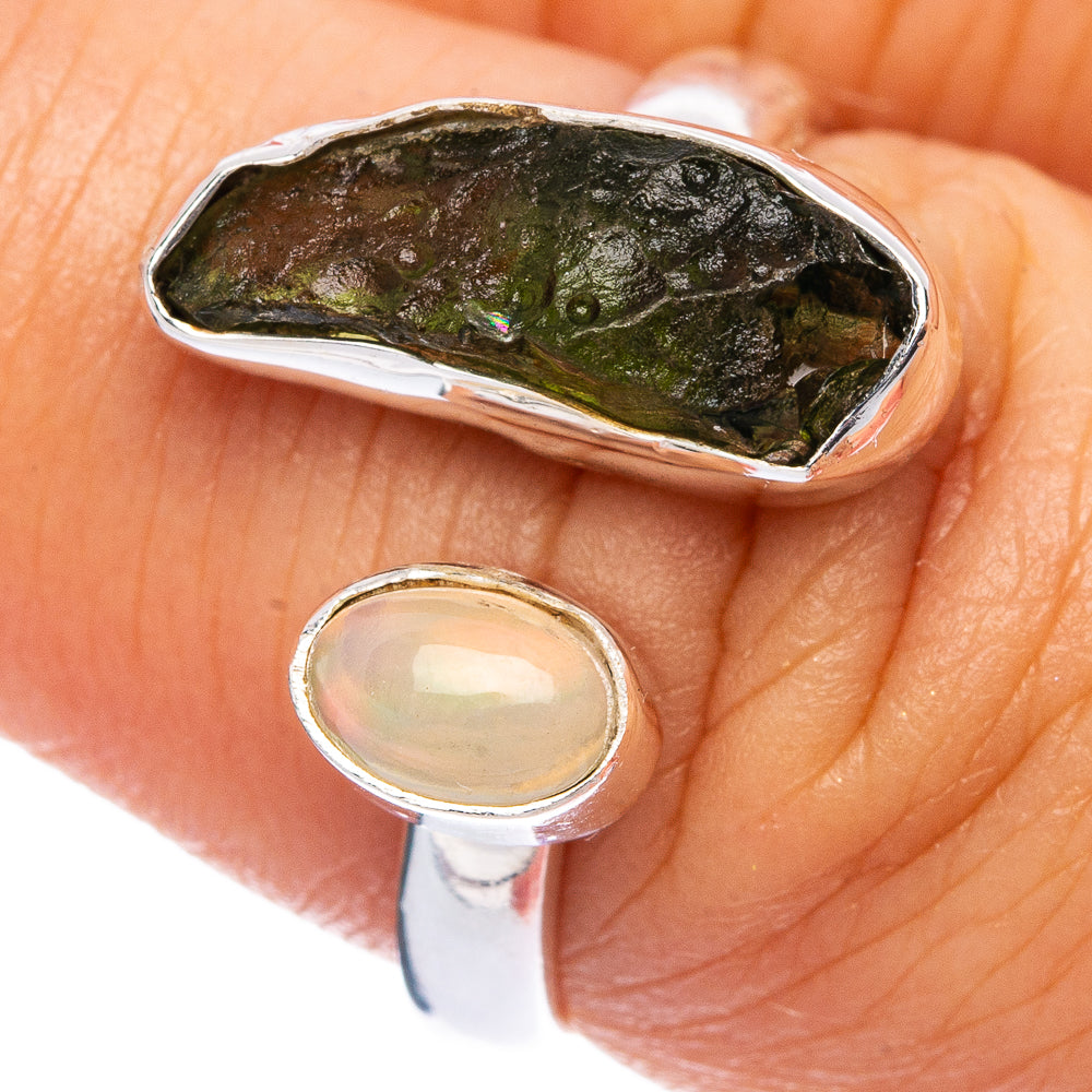 Rare Czech Moldavite, Ethiopian Opal Ring Size 7 Adjustable (925 Sterling Silver) R145551