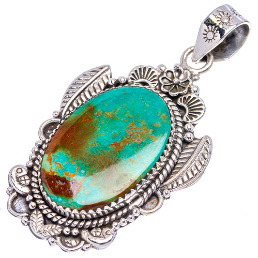 Turquoise oval pendant with .925 sterling silver frame, floral and leaf details