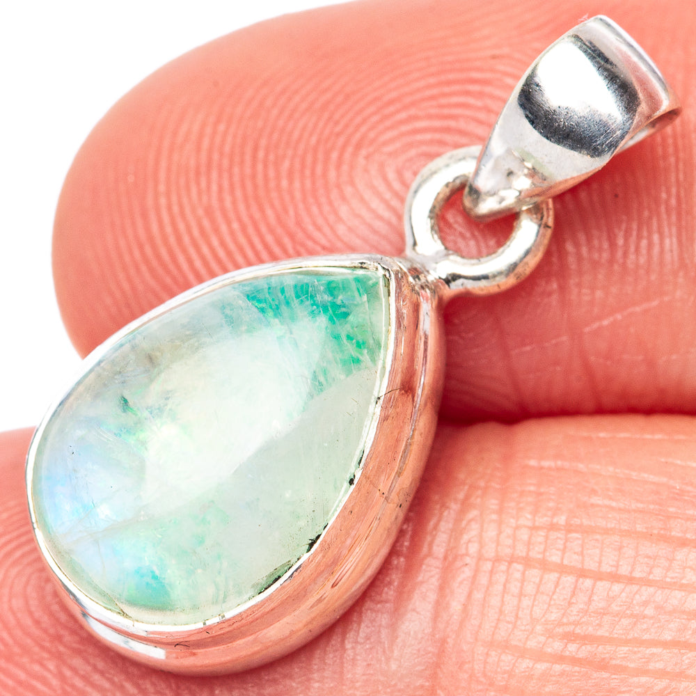 Sterling silver moonstone teardrop pendant, green-blue iridescent cabochon