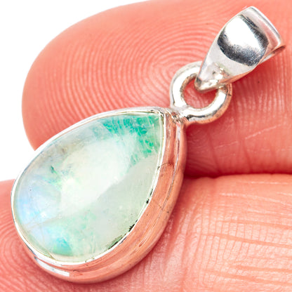 Sterling silver moonstone teardrop pendant, green-blue iridescent cabochon