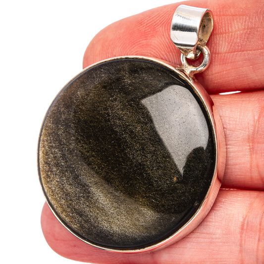 Oval obsidian gemstone pendant with gold sheen, .925 sterling silver bezel and bail