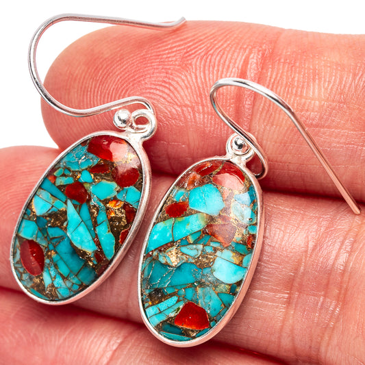Oval coral and turquoise matrix drop earrings with .925 silver fishhook backs
