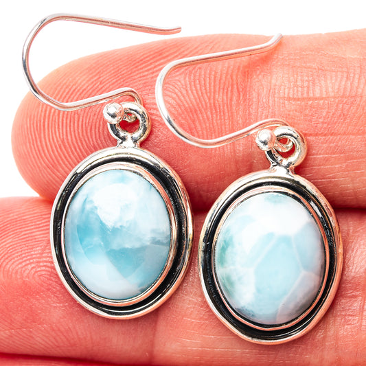 Larimar drop earrings, .925 sterling silver with oval blue stone in round bezel