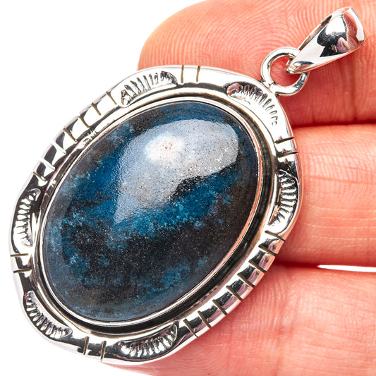 Sterling silver apatite pendant with oval blue stone bezel, micro-etched edge