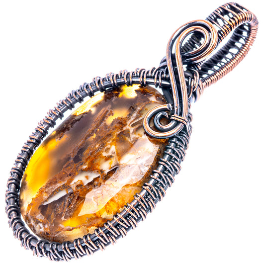 Oxidized copper wire-wrap pendant with oval plume agate stone, coiled bezel loop
