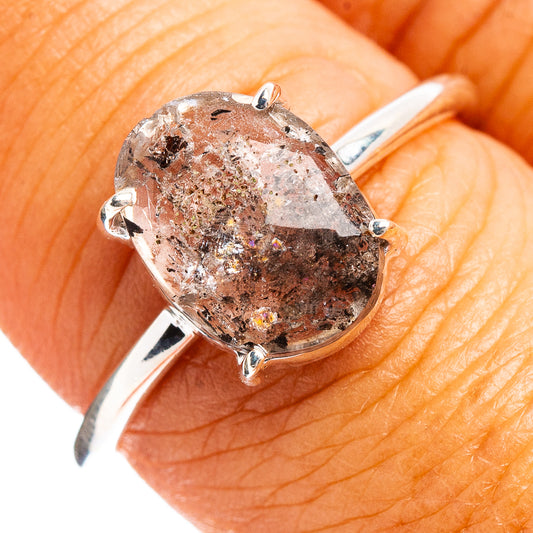 Faceted cacoxenite ring in .925 sterling silver, marbled round gemstone setting