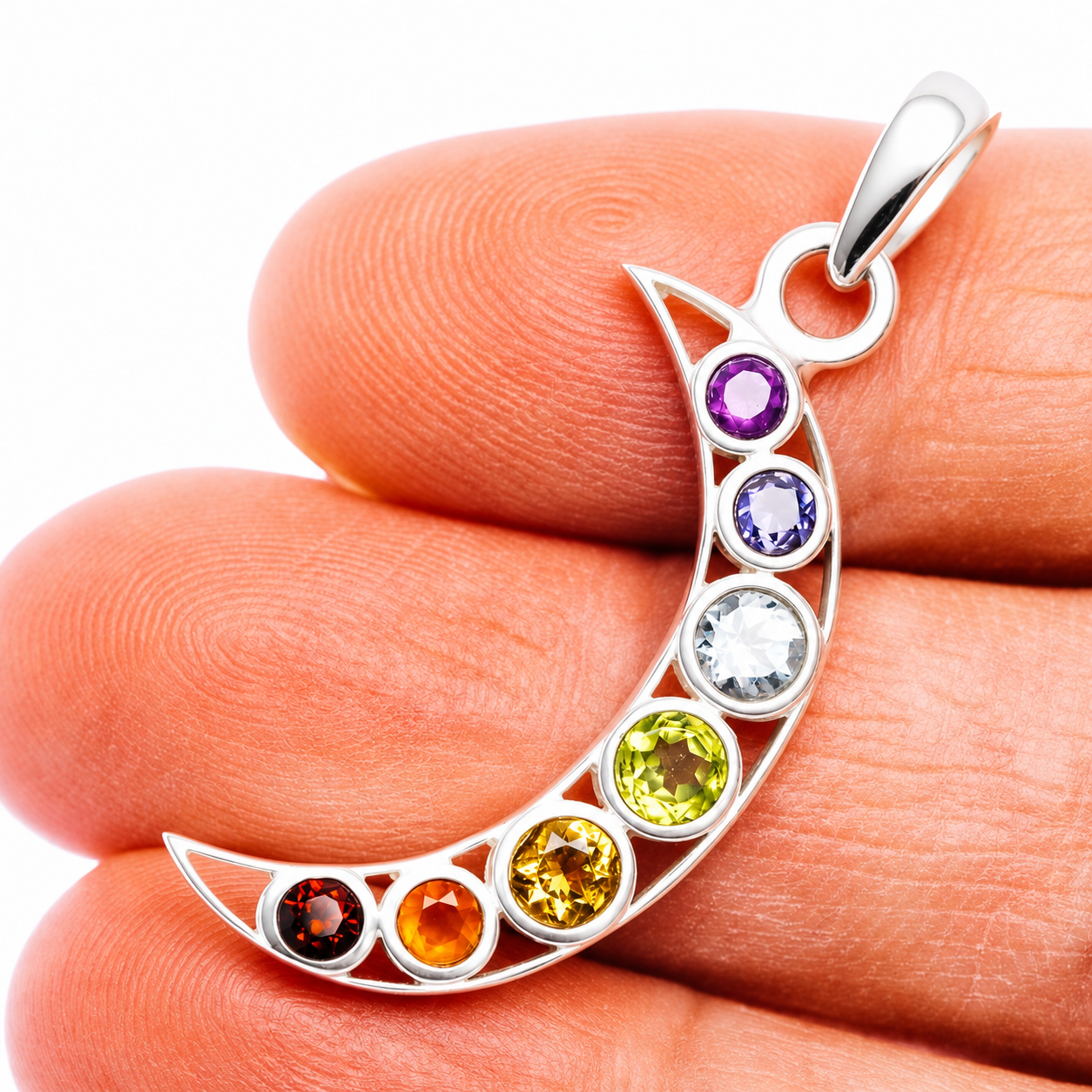 Chakra Moon Pendant 1 5/8" (.925 Sterling Silver)