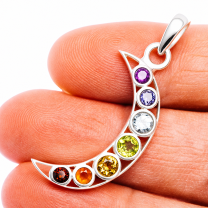 Chakra Moon Pendant 1 5/8" (.925 Sterling Silver)