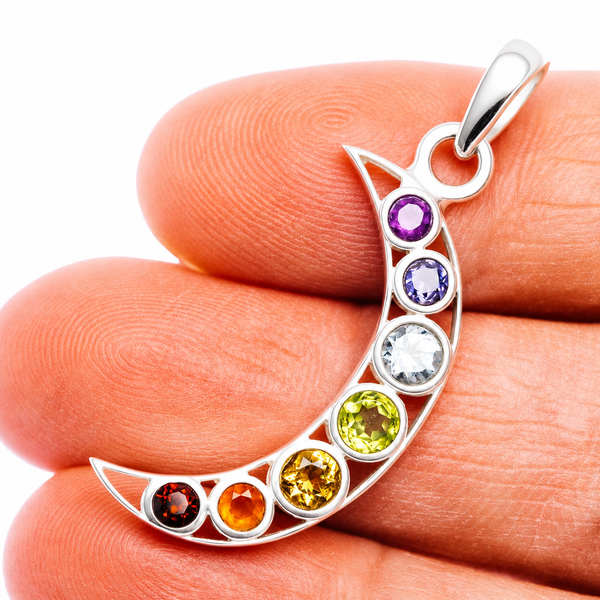 Chakra Moon Pendant 1 5/8" (.925 Sterling Silver)