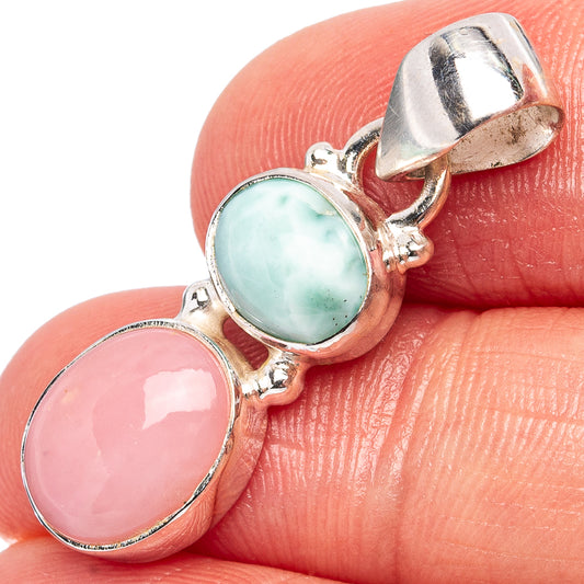 Sterling silver pendant with oval pink opal and oval turquoise-green larimar, close-up