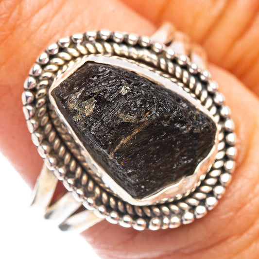 Sterling silver moldavite ring, size 6.75, dark green rough stone in silver bezel