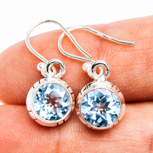 925 sterling silver blue topaz round bezel drop earrings with hook backs