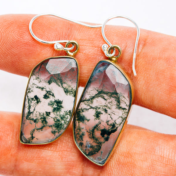 Green Moss Agate Earrings 1 5/8" (German Silver)