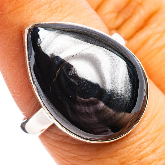 Teardrop psilomelane ring, size 8.25, .925 sterling silver bezel, black cabochon