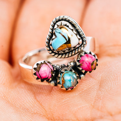 Southwestern Style Cotton Candy Turquoise Heart Ring Size 6 Adjustable (.925 Sterling Silver)