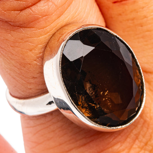Smoky quartz sterling silver ring with oval dark faceted gemstone, size 8.5