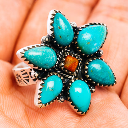 Adjustable .925 sterling silver ring with turquoise cabochons and amber center stone