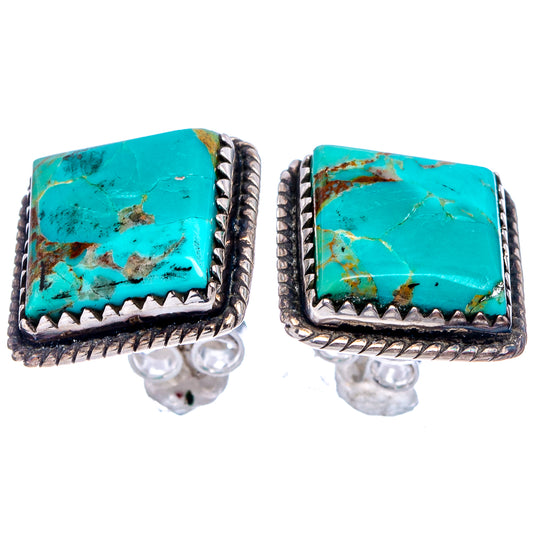 Turquoise square stone earrings, pair view, rope-edged .925 silver bezel and backs