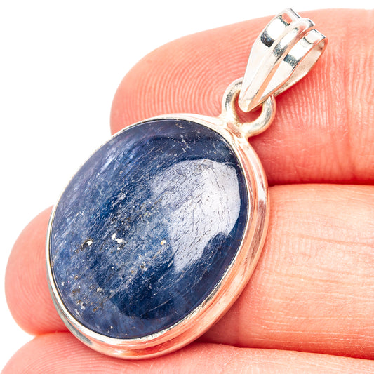 Oval kyanite pendant with 925 sterling silver bezel and loop bail, dark blue stone