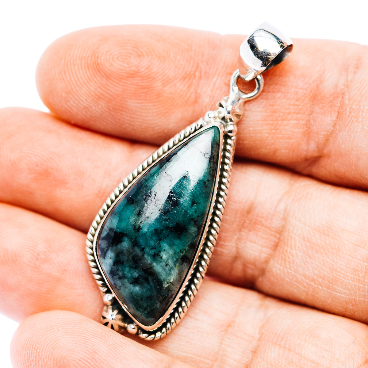 925 sterling silver teardrop emerald cabochon pendant
