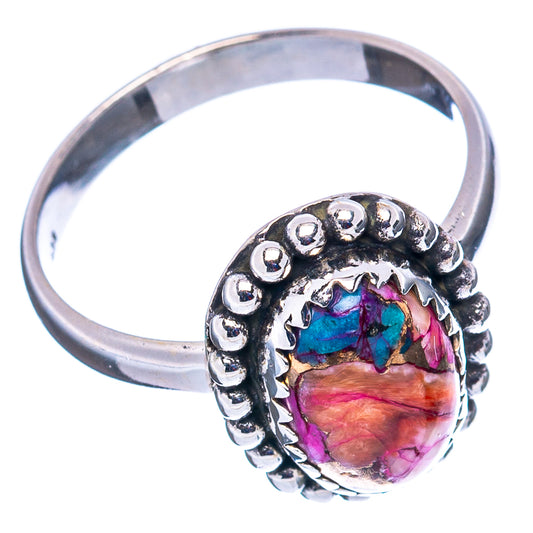 Sterling silver oval gemstone ring with beaded edge and blue pink marbled center