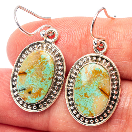 Turquoise oval drop earrings in .925 sterling silver, beaded oval bezel and hook