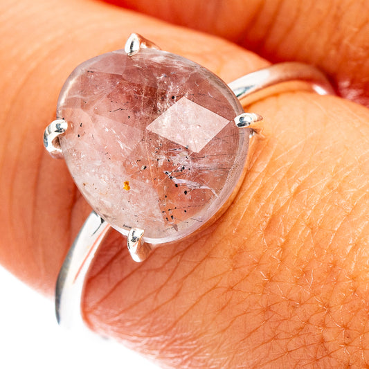 Faceted cacoxenite ring, oval pink-lavender gemstone with four-prong sterling silver setting