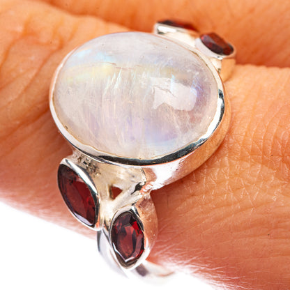 Rainbow Moonstone, Garnet 925 Sterling Silver Ring Size 9.25