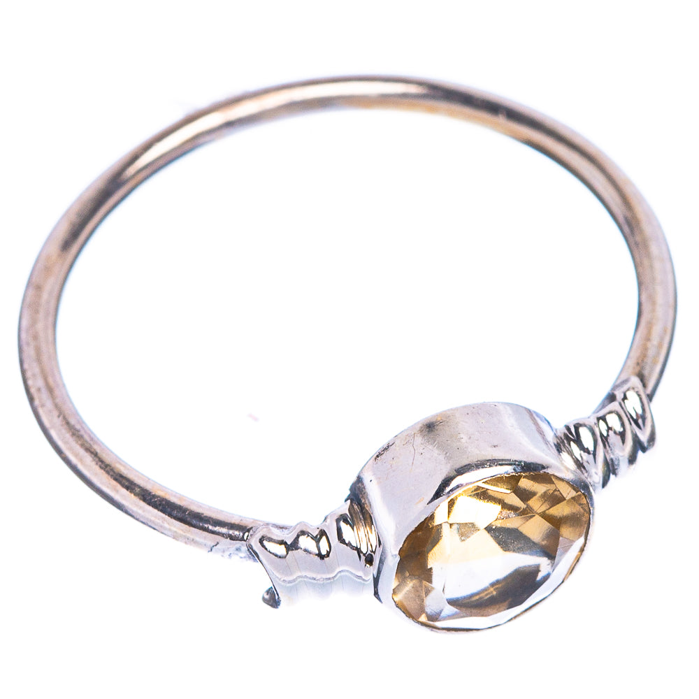 Sterling silver dainty ring with faceted round citrine, decorative band details, size 6