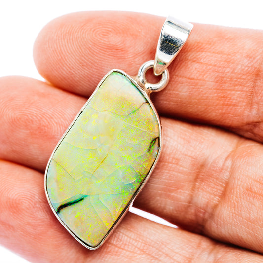 .925 sterling silver opal pendant with oval iridescent green-yellow stone