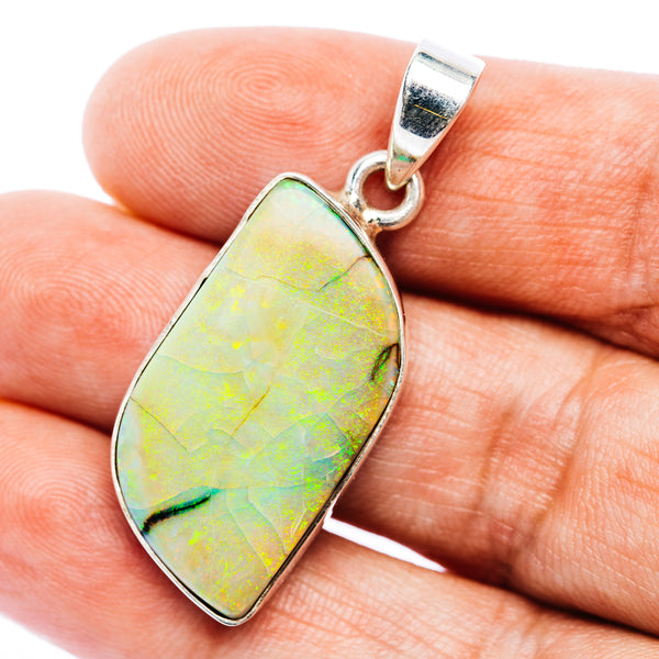 .925 sterling silver opal pendant with oval iridescent green-yellow stone