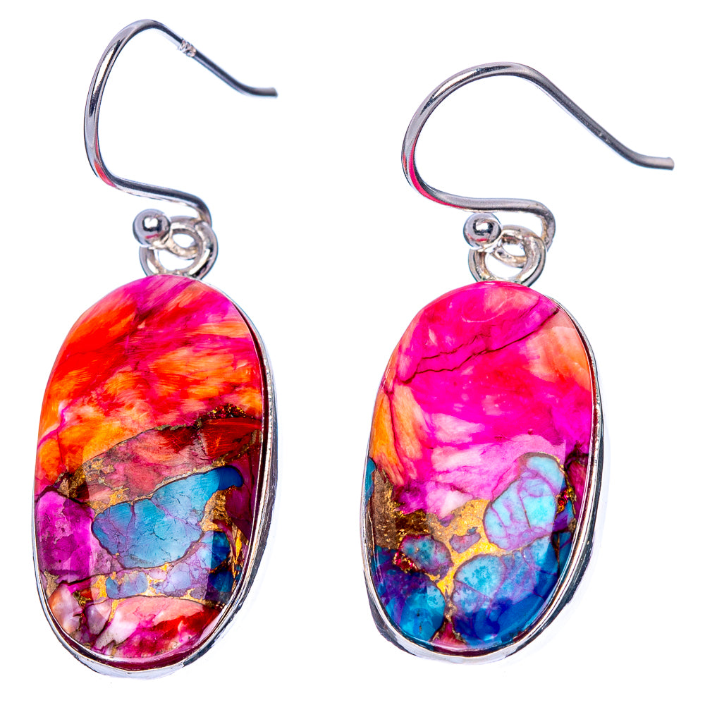 925 sterling silver marbled drop earrings, pink, orange, blue, turquoise, on hooks