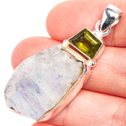 Sterling silver pendant with rough moonstone and green peridot rectangular inset