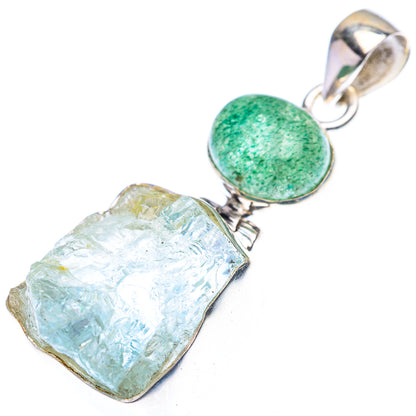 Raw Aquamarine, Green Aventurine Pendant 1 3/4" (925 Sterling Silver) PD38478