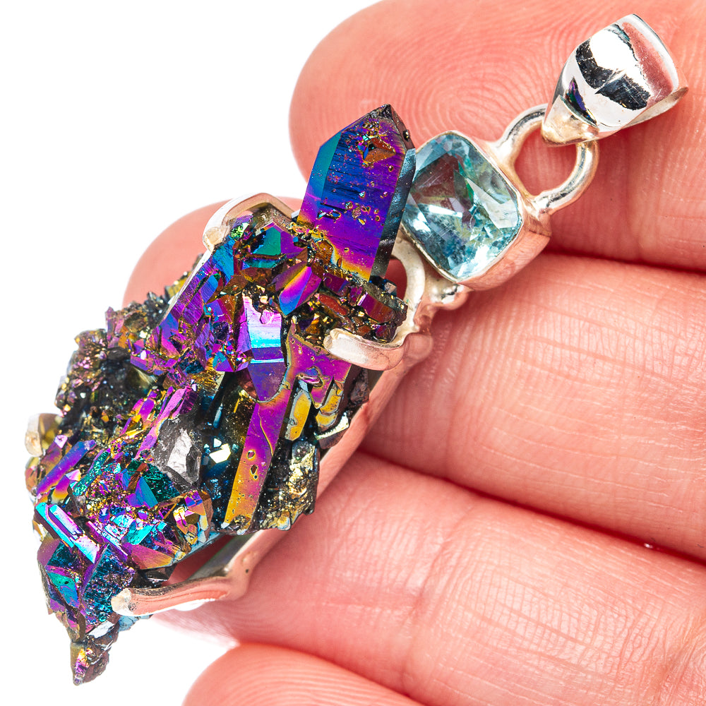 Sterling silver pendant with iridescent blue-purple druzy crystal cluster and bail