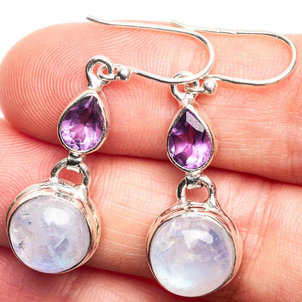 Sterling silver earrings with amethyst teardrop and moonstone round drop dangles