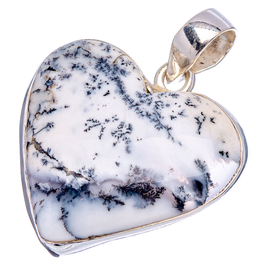 Sterling silver heart pendant featuring dendrite agate, white stone with blackish branches.
