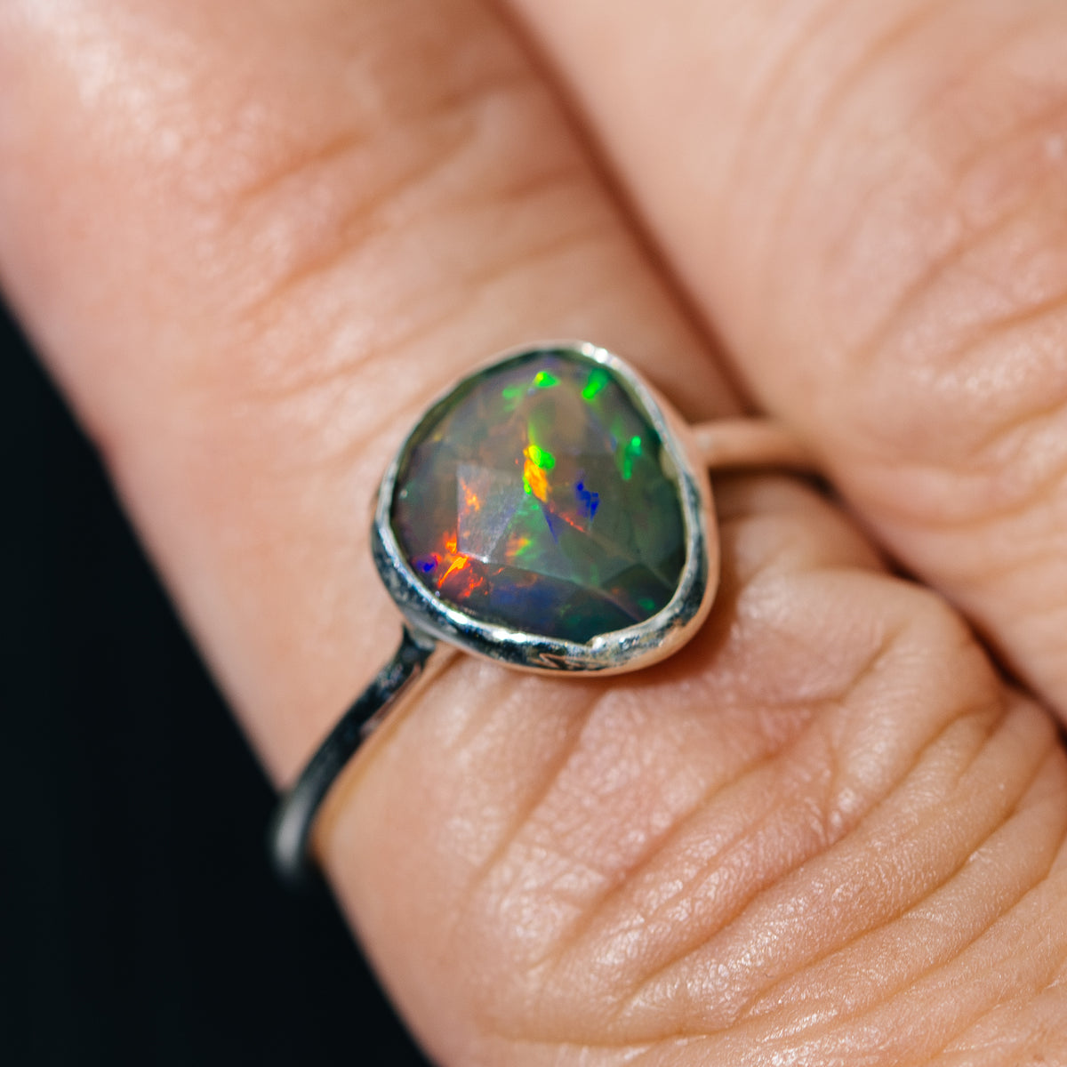 Black Ethiopian Opal Dainty Ring Size 6.75 (.925 Sterling Silver)