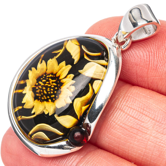 Amber Intaglio Sunflower Pendant 1 1/2" (925 Sterling Silver) P42557