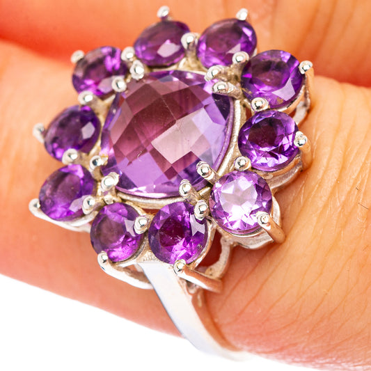 Amethyst flower ring with clustered oval and round purple stones, .925 sterling silver band