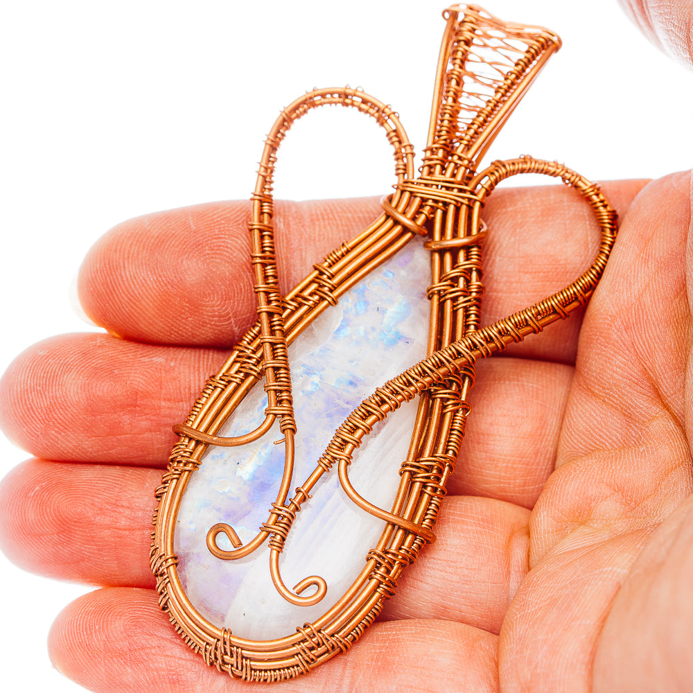 Rainbow Moonstone Wire Wrap Pendant 3 1/4" (Copper)
