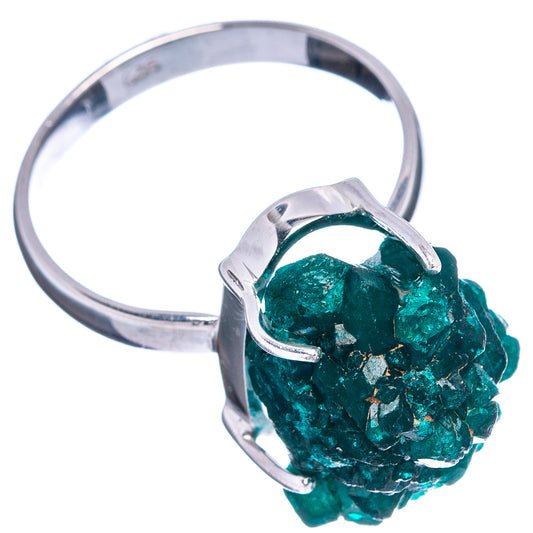 Rare dioptase ring in .925 sterling silver, size 7.75, with green crystal cluster