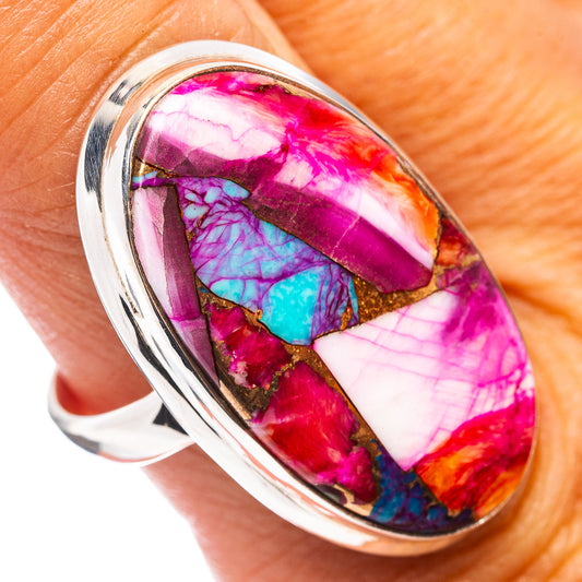 Magenta turquoise oval cabochon ring, .925 sterling silver, size 9.5