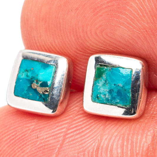 Turquoise square stud earrings in silver-tone bezels, small post backs