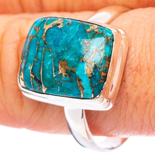 Turquoise oval inlay sterling silver ring with gold matrix, size 10.75